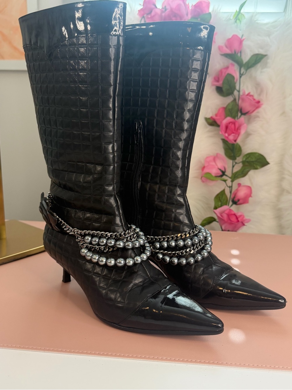 Chanel Black Embossed Leather Pointed Toe Boots with Pearl Chain Detail Sz 36